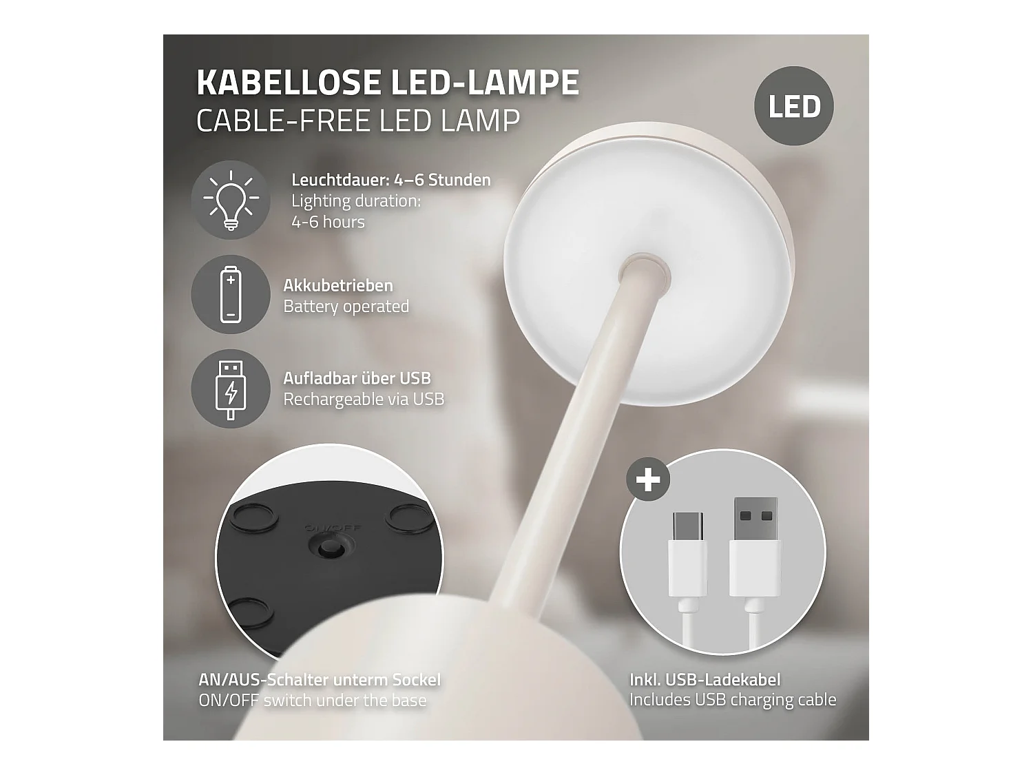 Lampe de table LED Ø8x34,5cm crème 3 couleurs d'intensité réglables capteur tactile batterie rechargeable USB-C éclairage de bureau sans fil portable