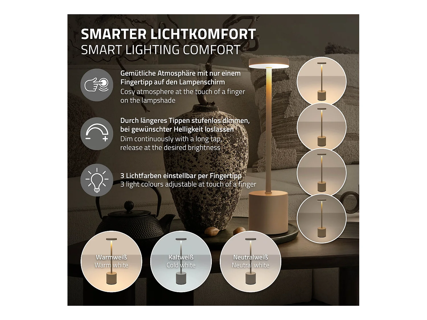 Lampe de table LED Ø8x34,5cm crème 3 couleurs d'intensité réglables capteur tactile batterie rechargeable USB-C éclairage de bureau sans fil portable