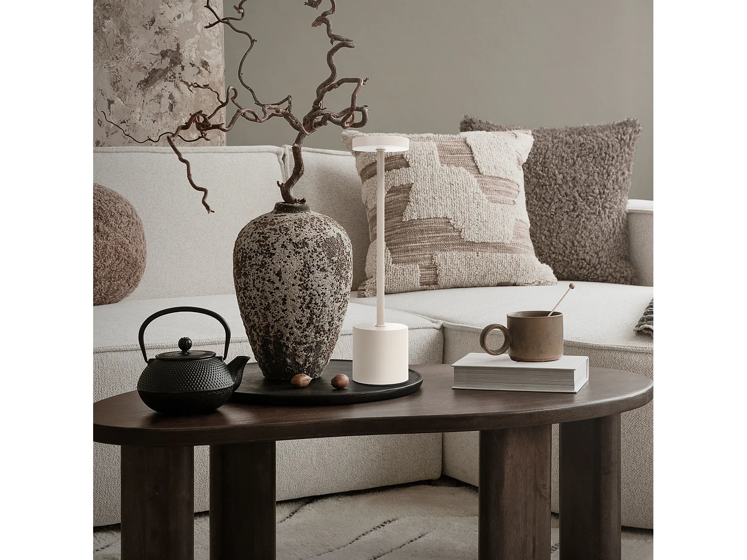 Lampe de table LED Ø8x34,5cm crème 3 couleurs d'intensité réglables capteur tactile batterie rechargeable USB-C éclairage de bureau sans fil portable