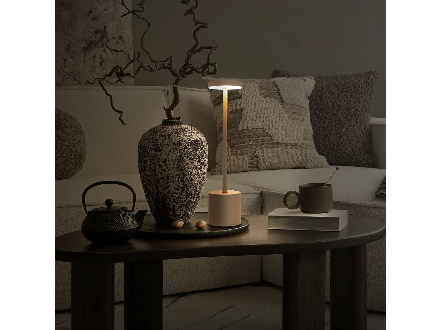 Lampe de table LED Ø8x34,5cm crème 3 couleurs d'intensité réglables capteur tactile batterie rechargeable USB-C éclairage de bureau sans fil portable