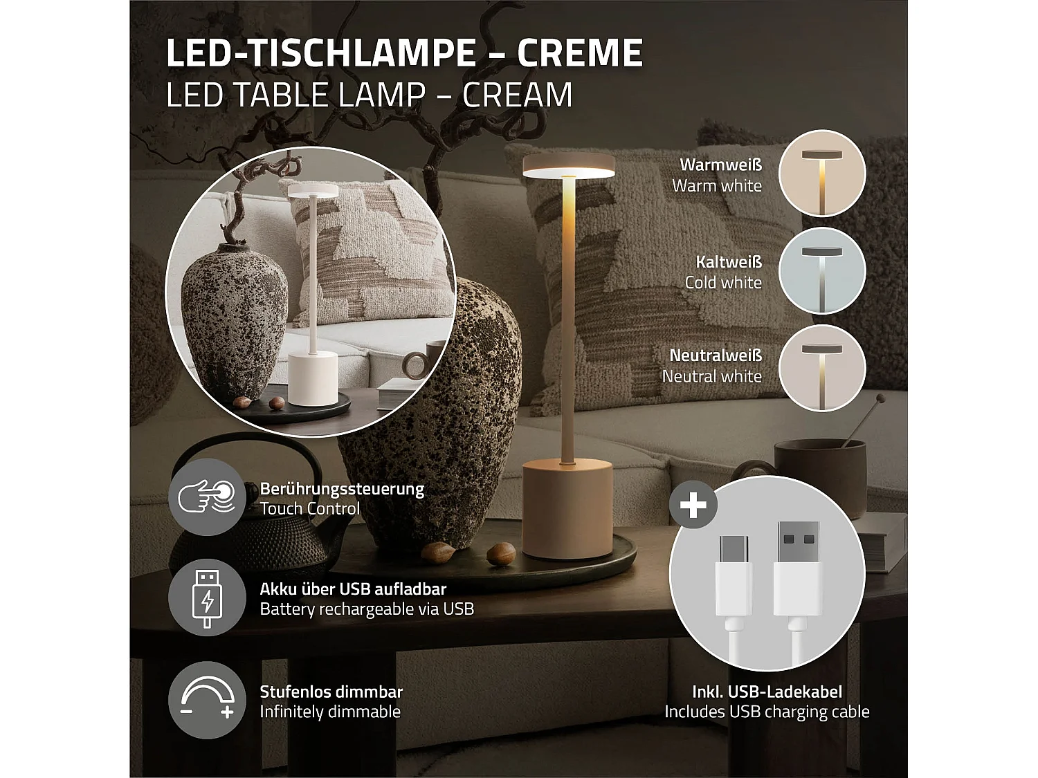 Lampe de table LED Ø8x34,5cm crème 3 couleurs d'intensité réglables capteur tactile batterie rechargeable USB-C éclairage de bureau sans fil portable