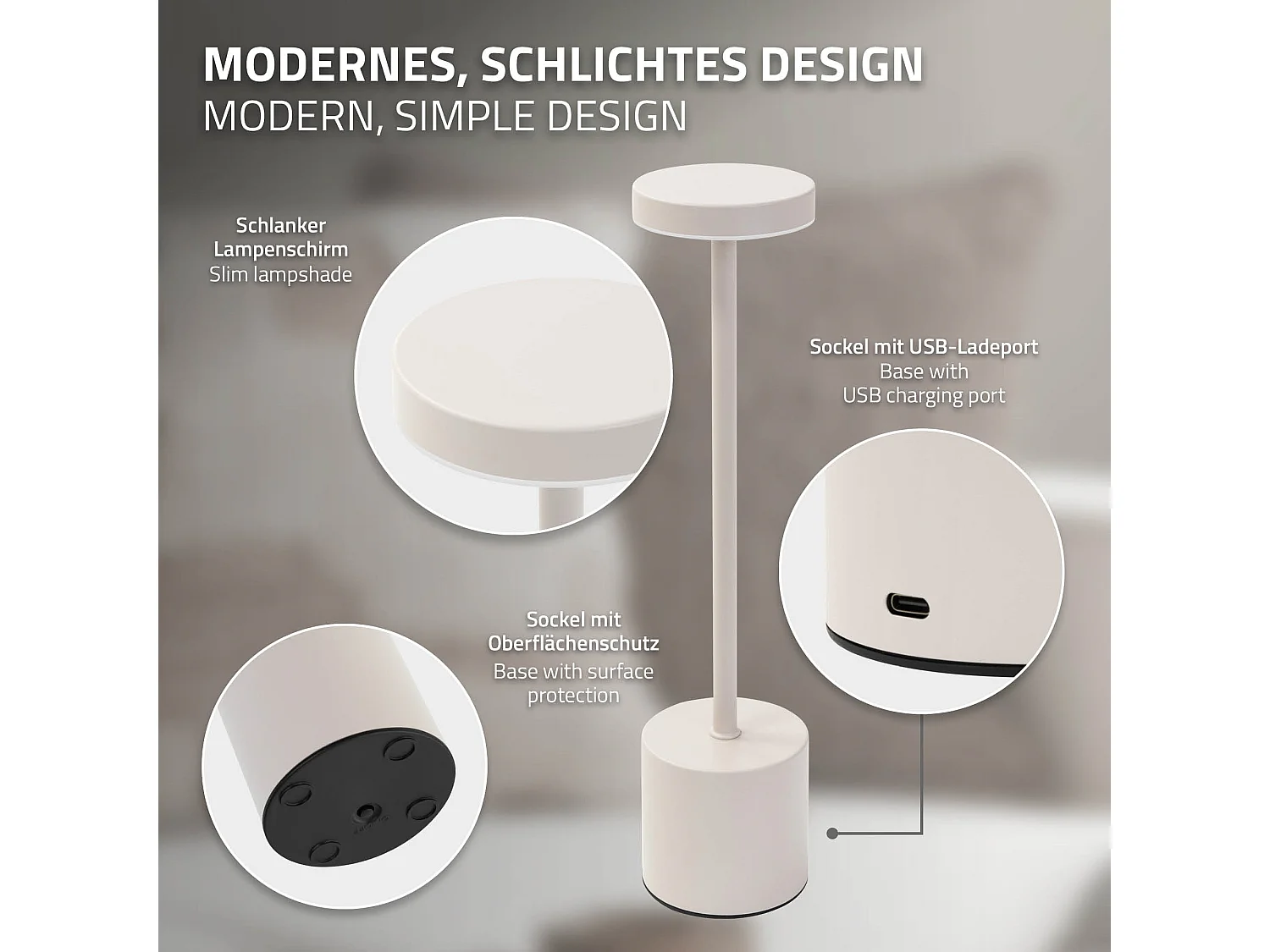 Lampe de table LED Ø8x34,5cm crème 3 couleurs d'intensité réglables capteur tactile batterie rechargeable USB-C éclairage de bureau sans fil portable