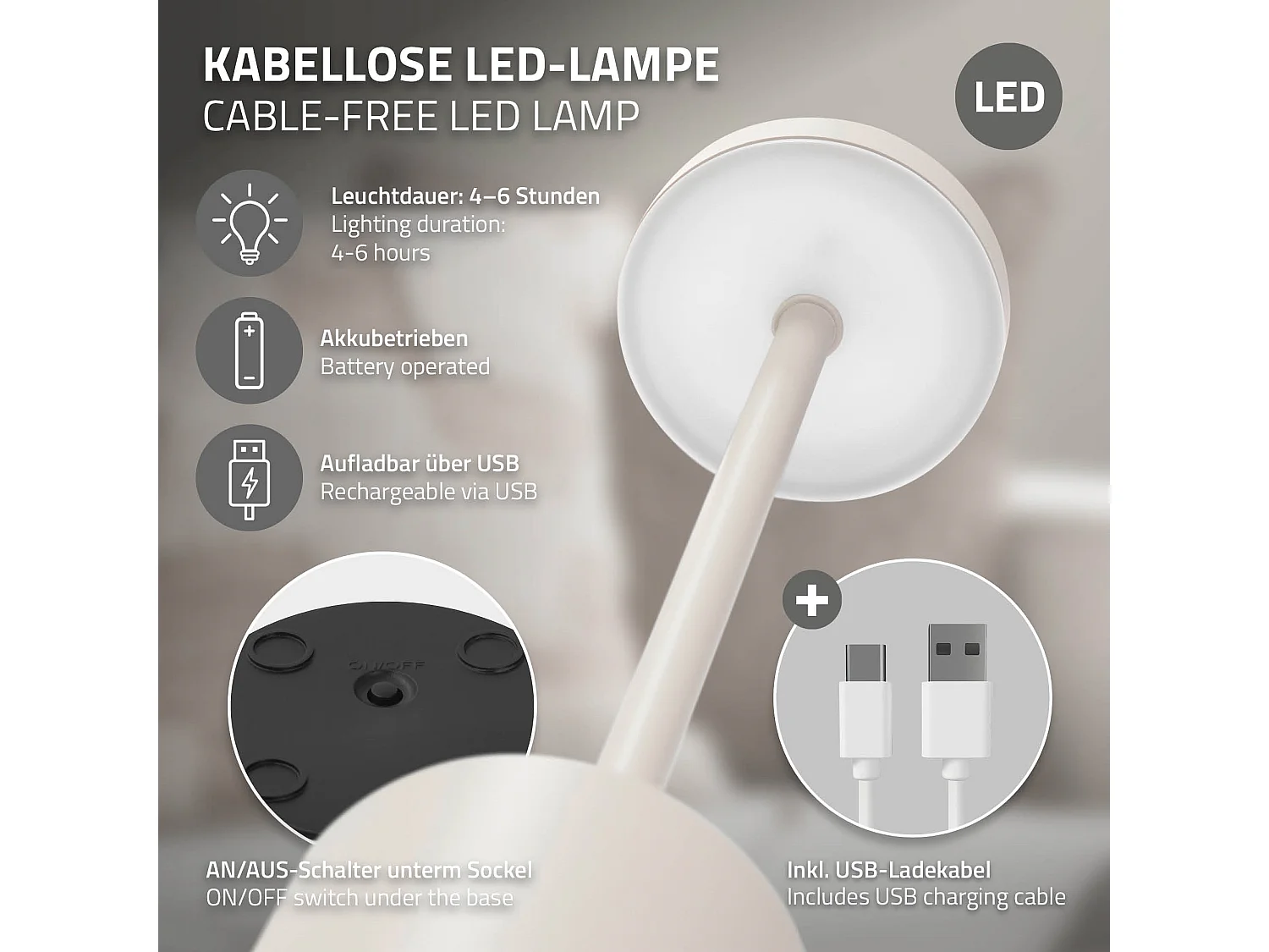 Lampe de table LED Ø8x34,5cm crème 3 couleurs d'intensité réglables capteur tactile batterie rechargeable USB-C éclairage de bureau sans fil portable
