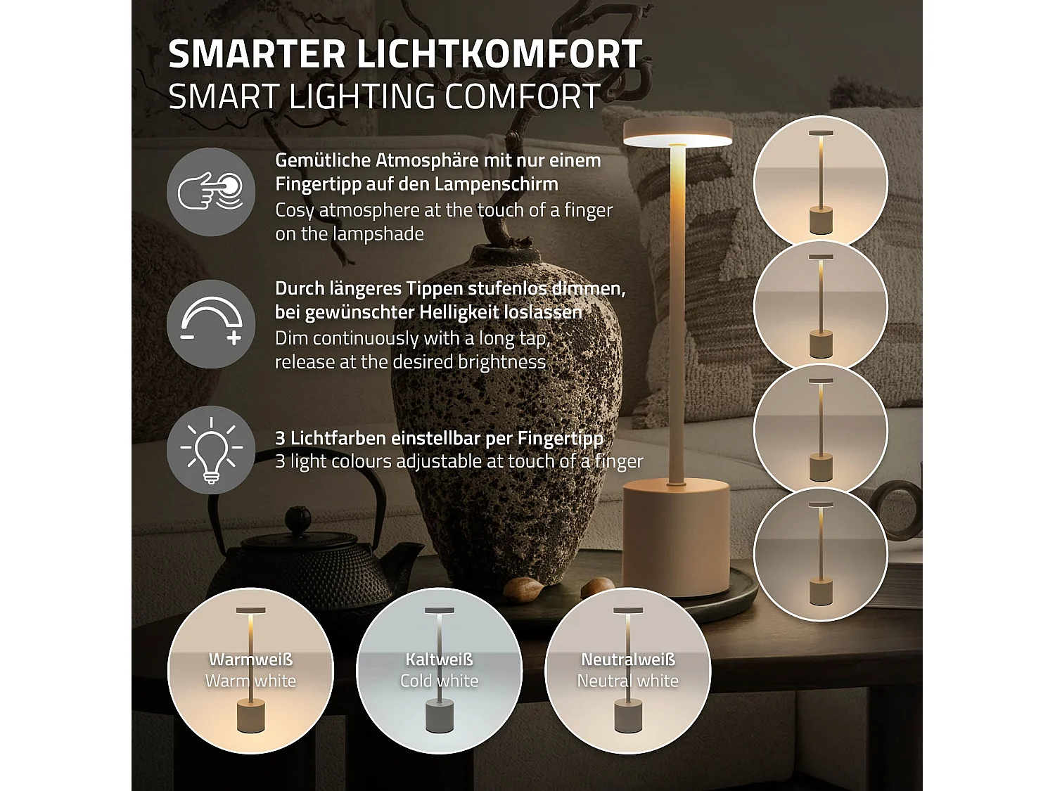 Lampe de table LED Ø8x34,5cm crème 3 couleurs d'intensité réglables capteur tactile batterie rechargeable USB-C éclairage de bureau sans fil portable