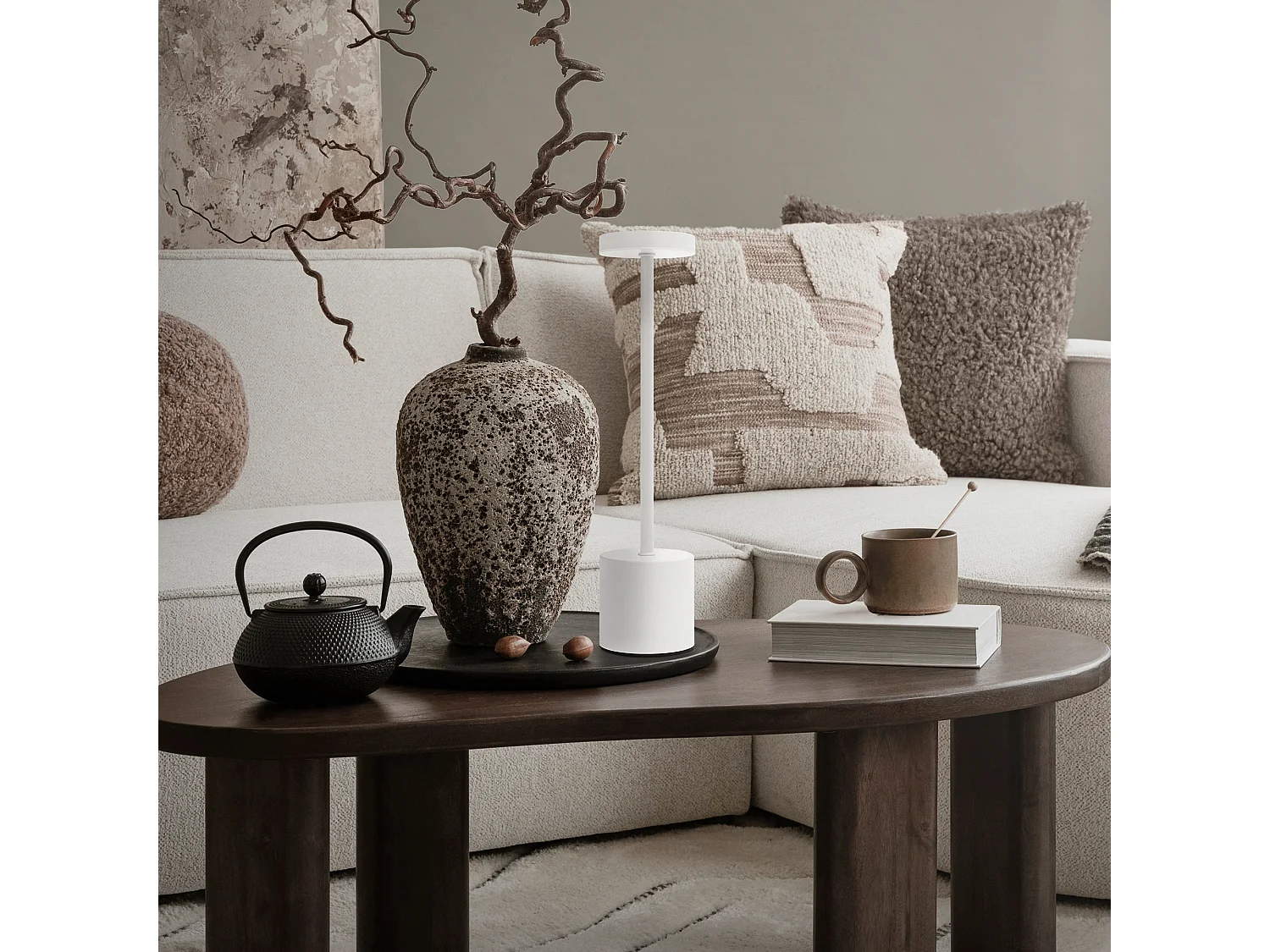 Lampe de table LED Ø8x34,5cm blanche 3 couleurs d'intensité réglables capteur tactile batterie rechargeable USB-C éclairage bureau sans fil portable