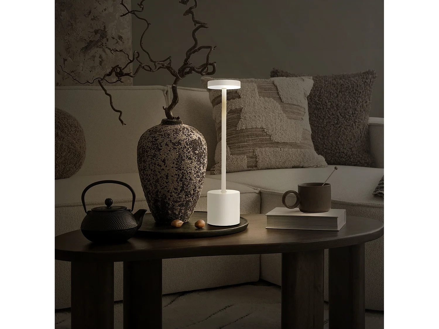 Lampe de table LED Ø8x34,5cm blanche 3 couleurs d'intensité réglables capteur tactile batterie rechargeable USB-C éclairage bureau sans fil portable