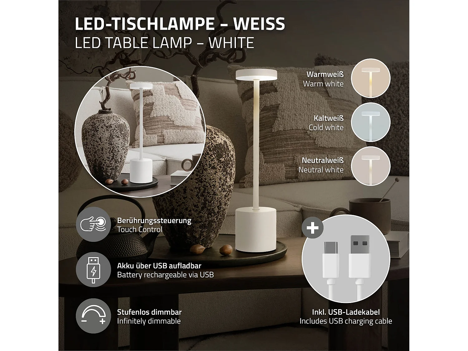 Lampe de table LED Ø8x34,5cm blanche 3 couleurs d'intensité réglables capteur tactile batterie rechargeable USB-C éclairage bureau sans fil portable