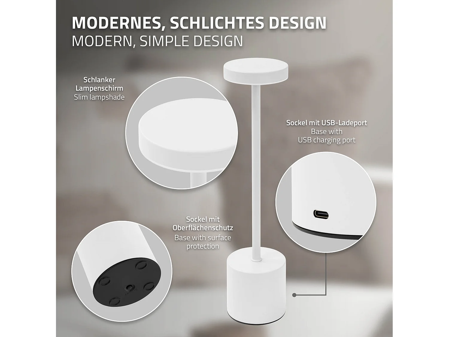 Lampe de table LED Ø8x34,5cm blanche 3 couleurs d'intensité réglables capteur tactile batterie rechargeable USB-C éclairage bureau sans fil portable