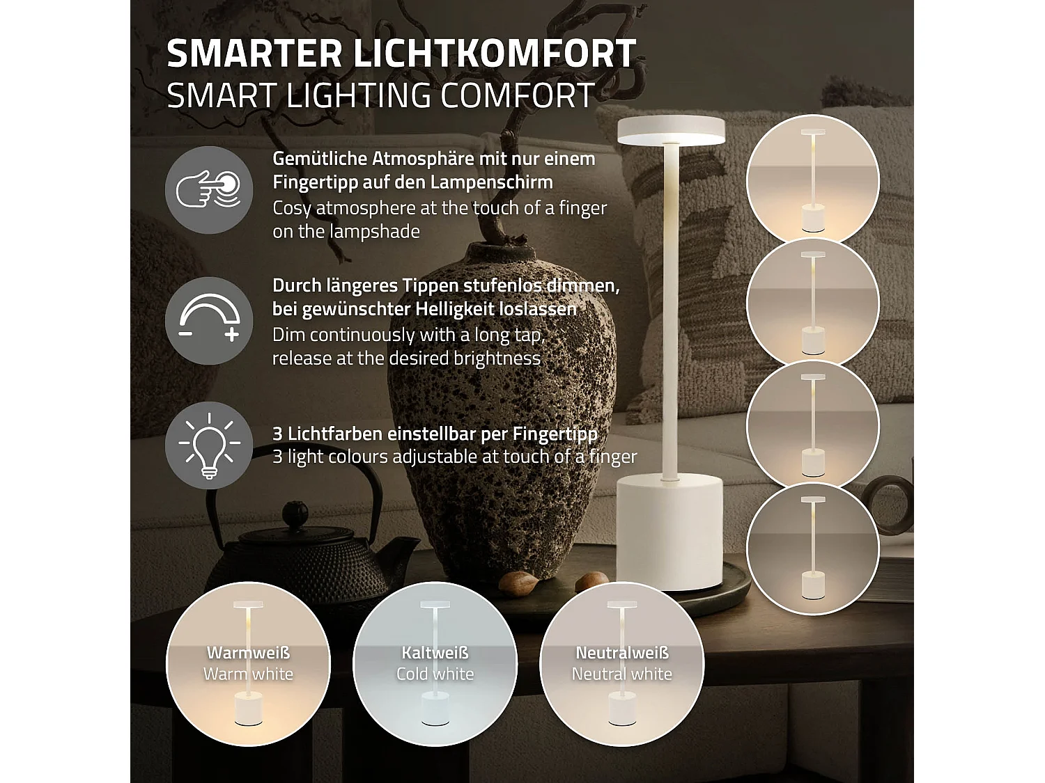 Lampe de table LED Ø8x34,5cm blanche 3 couleurs d'intensité réglables capteur tactile batterie rechargeable USB-C éclairage bureau sans fil portable