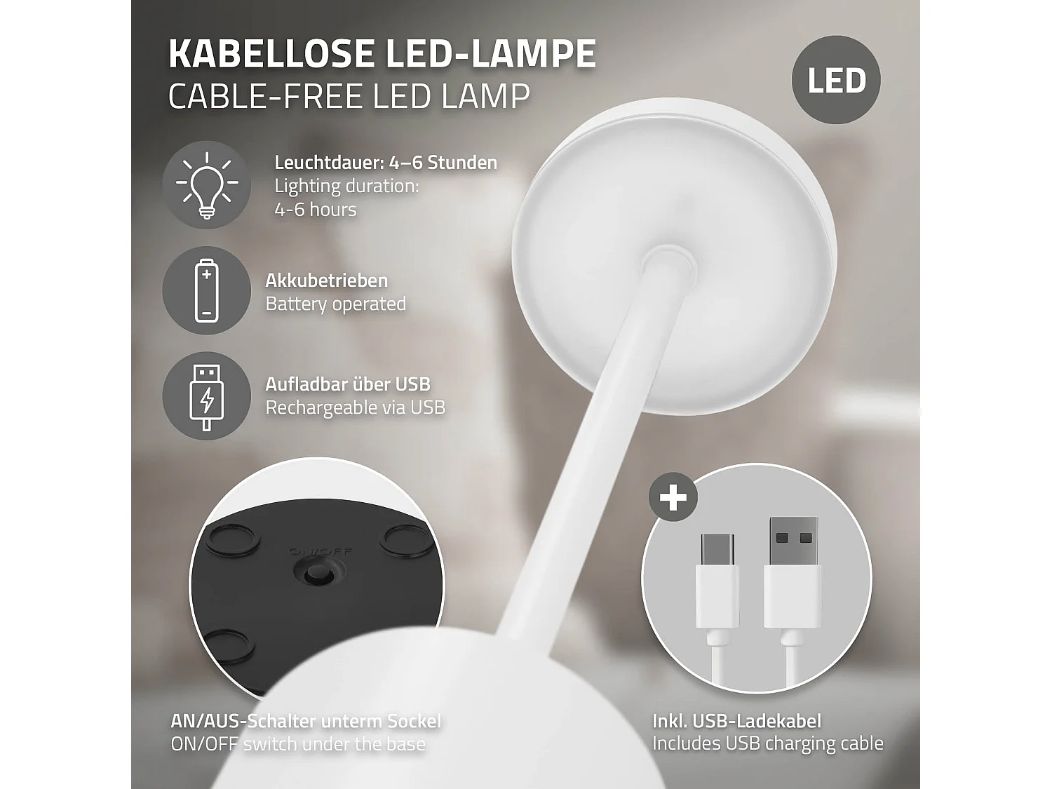 Lampe de table LED Ø8x34,5cm blanche 3 couleurs d'intensité réglables capteur tactile batterie rechargeable USB-C éclairage bureau sans fil portable