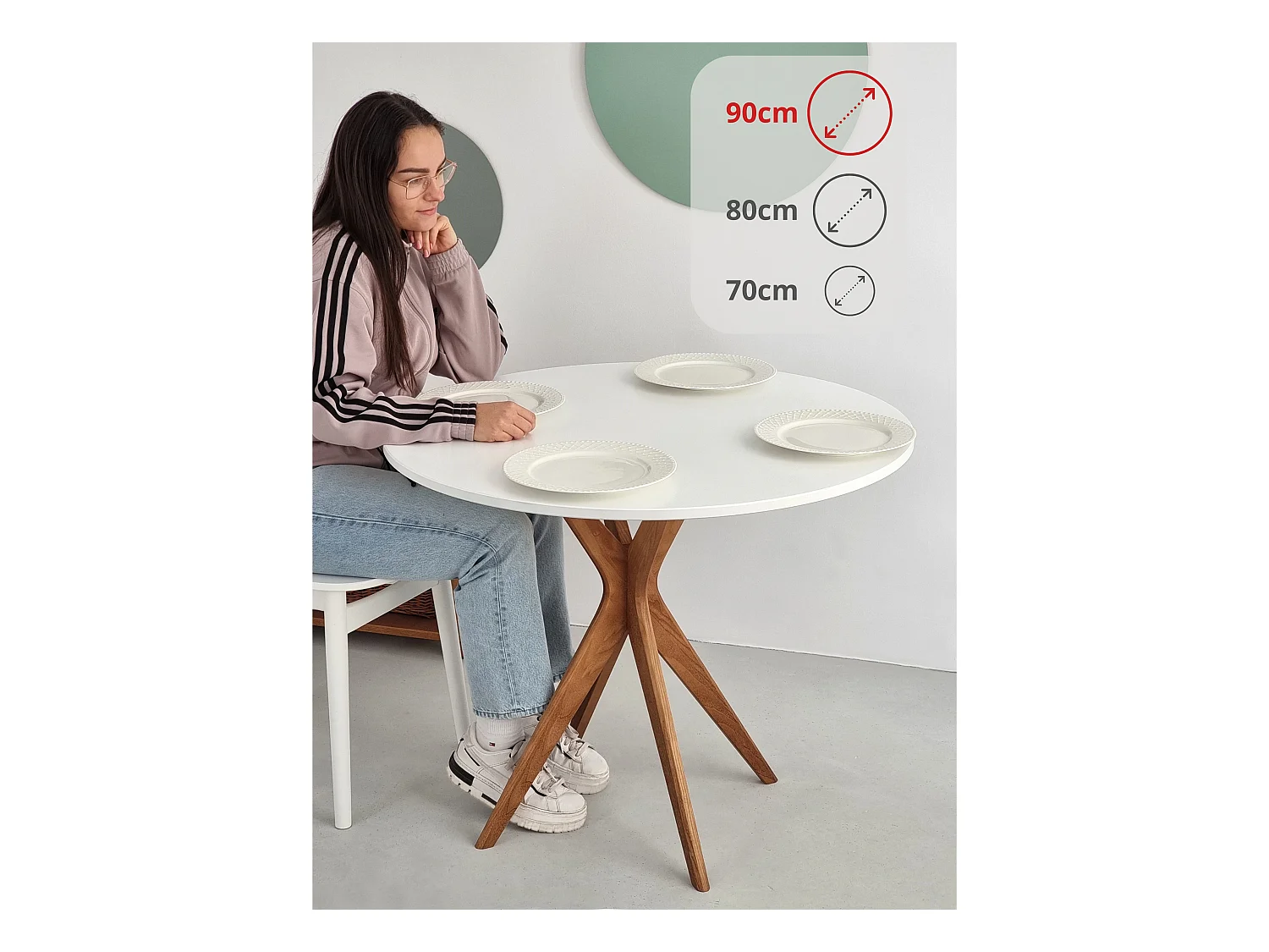 Table à manger ronde 90cm Jubi Gris Beige | Pied en frêne