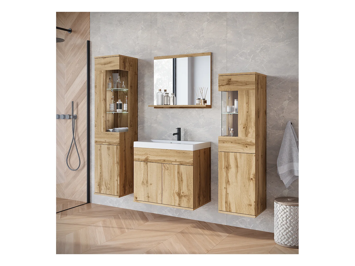 Ensemble suspendu avec lavabo, miroir et éléments en verre, chêne wotan