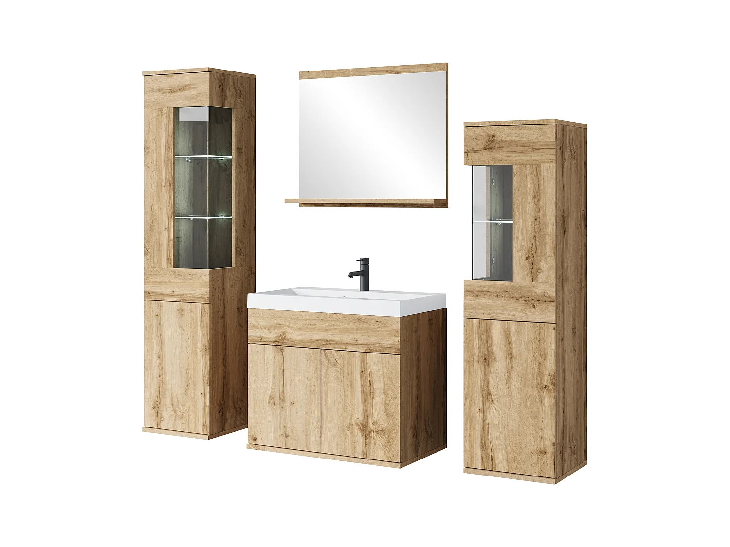 Ensemble suspendu avec lavabo, miroir et éléments en verre, chêne wotan