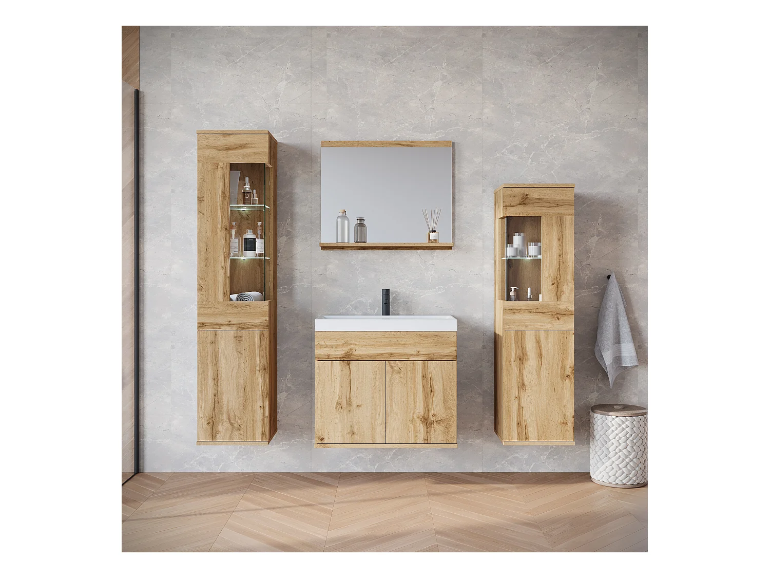 Ensemble suspendu avec lavabo, miroir et éléments en verre, chêne wotan