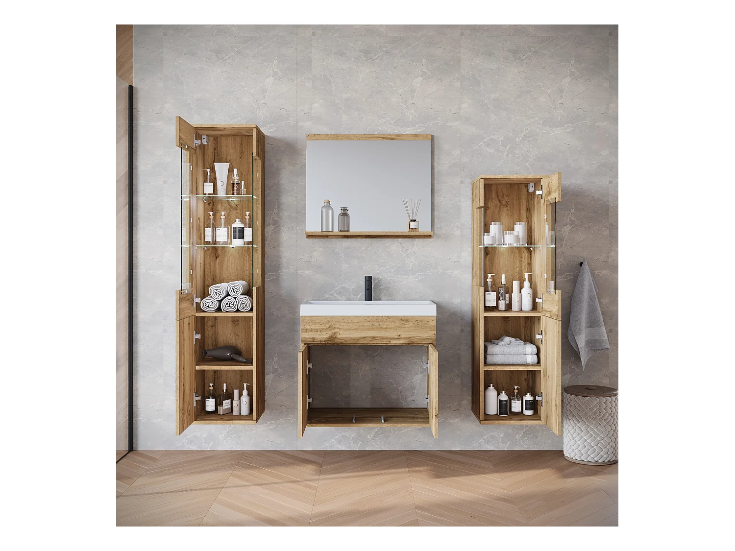 Ensemble suspendu avec lavabo, miroir et éléments en verre, chêne wotan