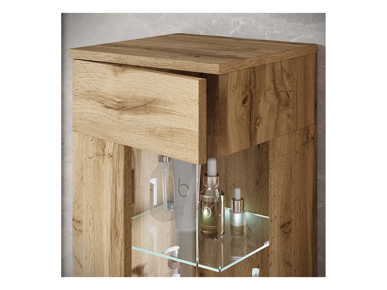 Ensemble suspendu avec lavabo, miroir et éléments en verre, chêne wotan