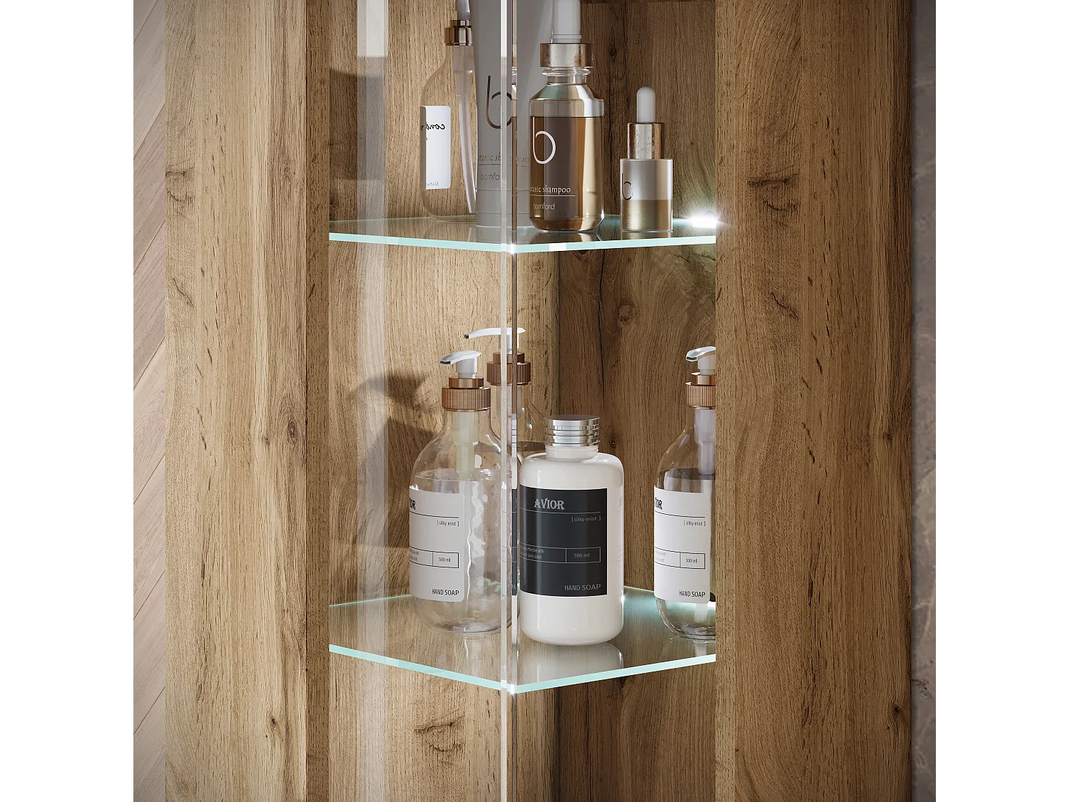 Ensemble suspendu avec lavabo, miroir et éléments en verre, chêne wotan