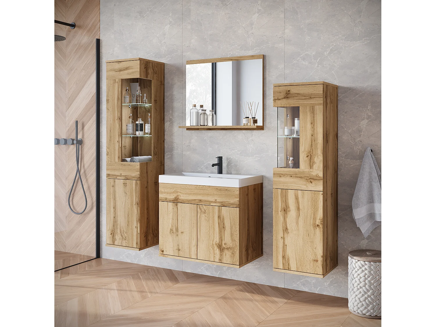 Ensemble suspendu avec lavabo, miroir et éléments en verre, chêne wotan