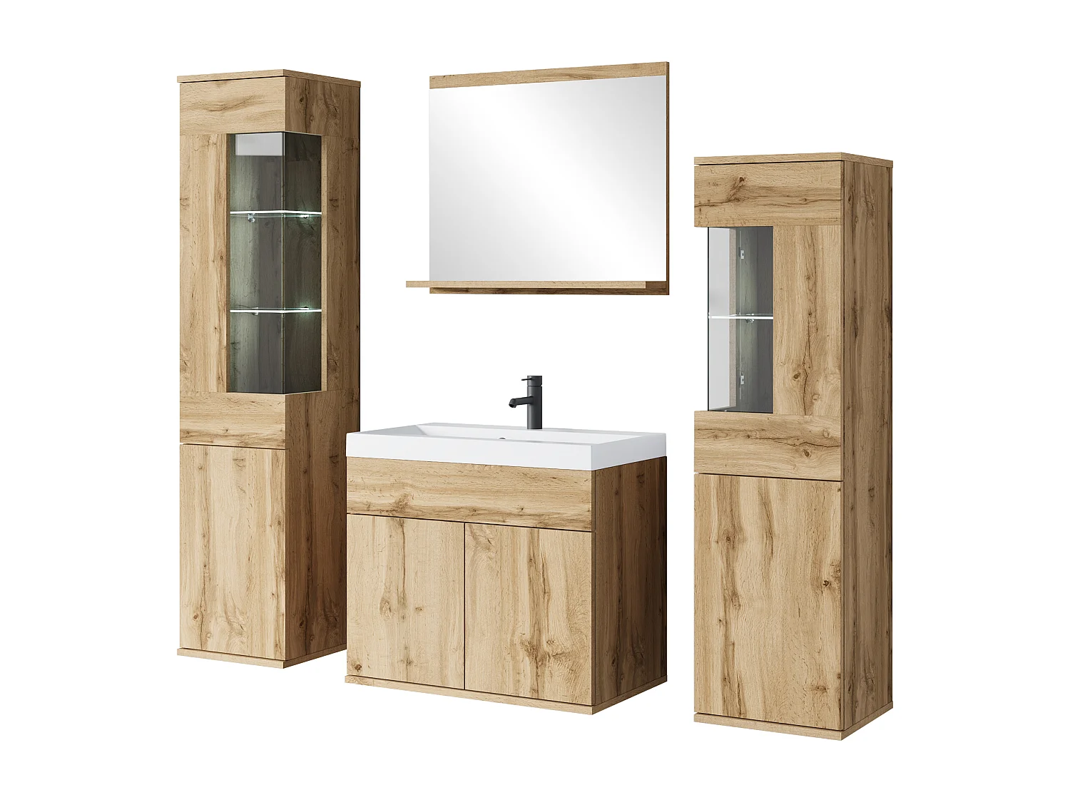 Ensemble suspendu avec lavabo, miroir et éléments en verre, chêne wotan