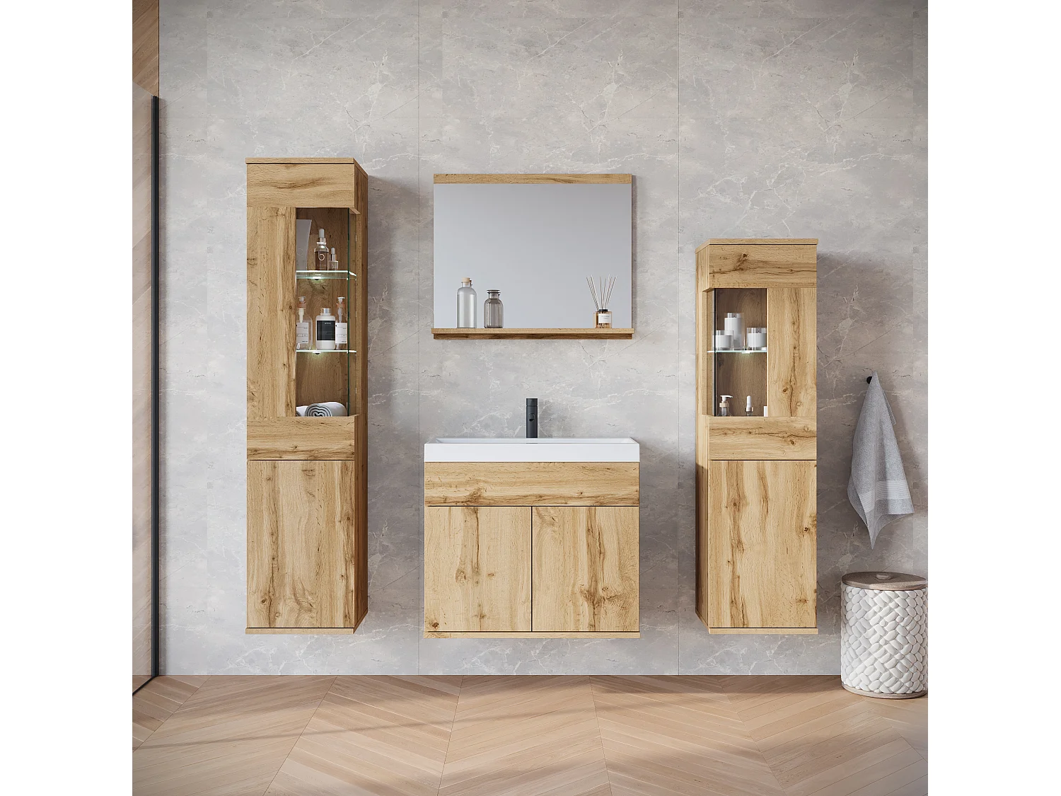 Ensemble suspendu avec lavabo, miroir et éléments en verre, chêne wotan