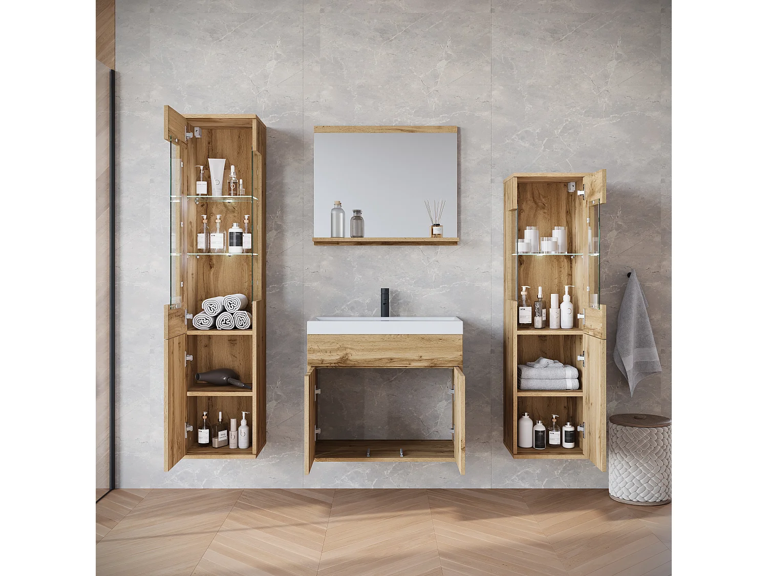 Ensemble suspendu avec lavabo, miroir et éléments en verre, chêne wotan