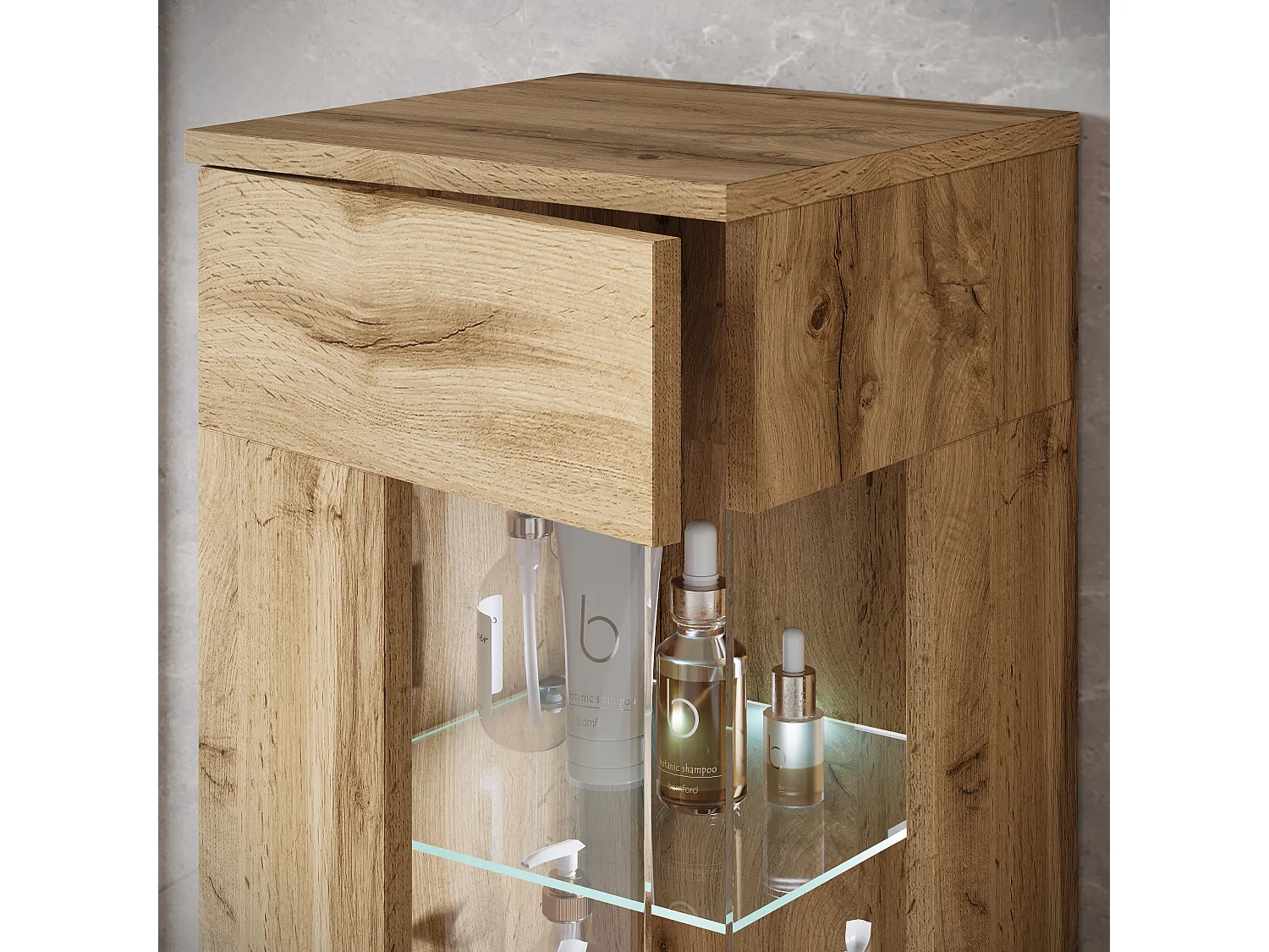 Ensemble suspendu avec lavabo, miroir et éléments en verre, chêne wotan