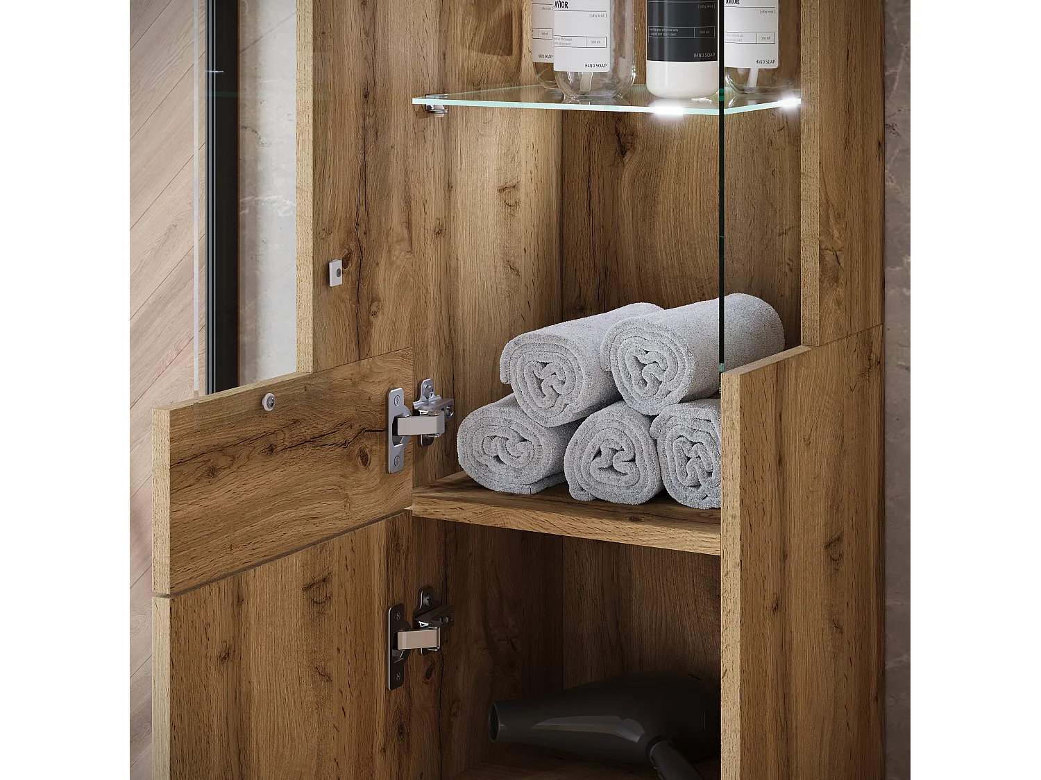 Ensemble suspendu avec lavabo, miroir et éléments en verre, chêne wotan