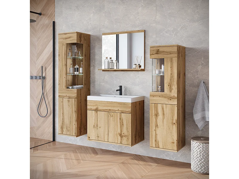 Hangend meubelset met wastafel, spiegel en glaselementen, eiken wotan