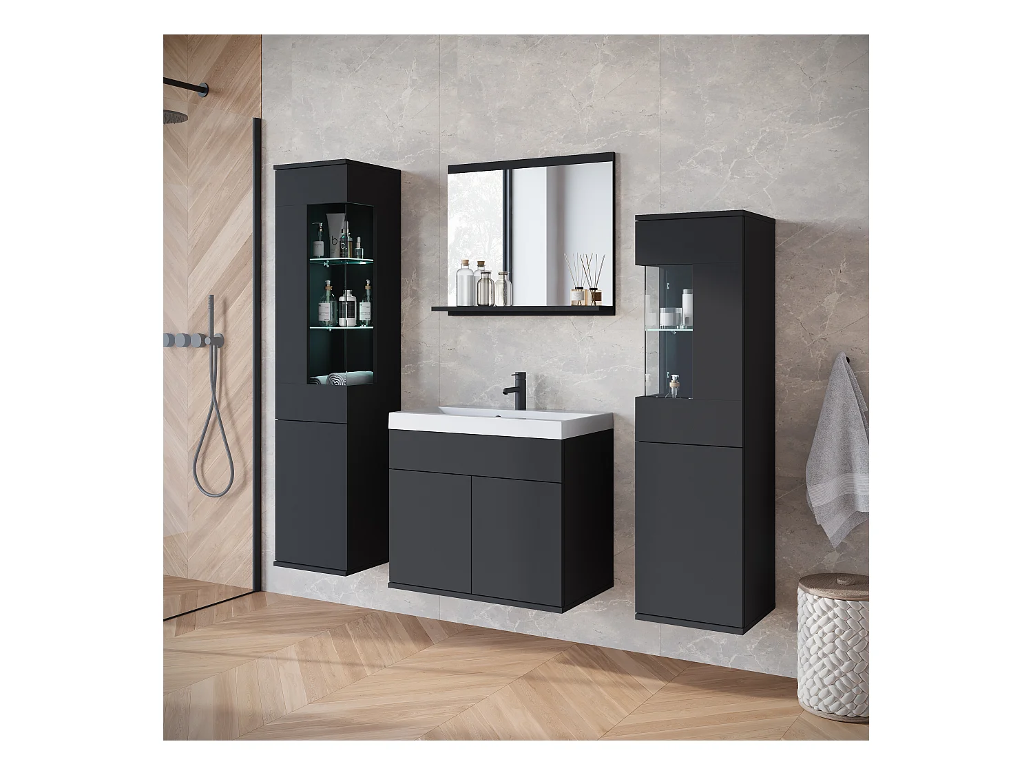Ensemble suspendu avec lavabo, miroir et éléments en verre, noir mat