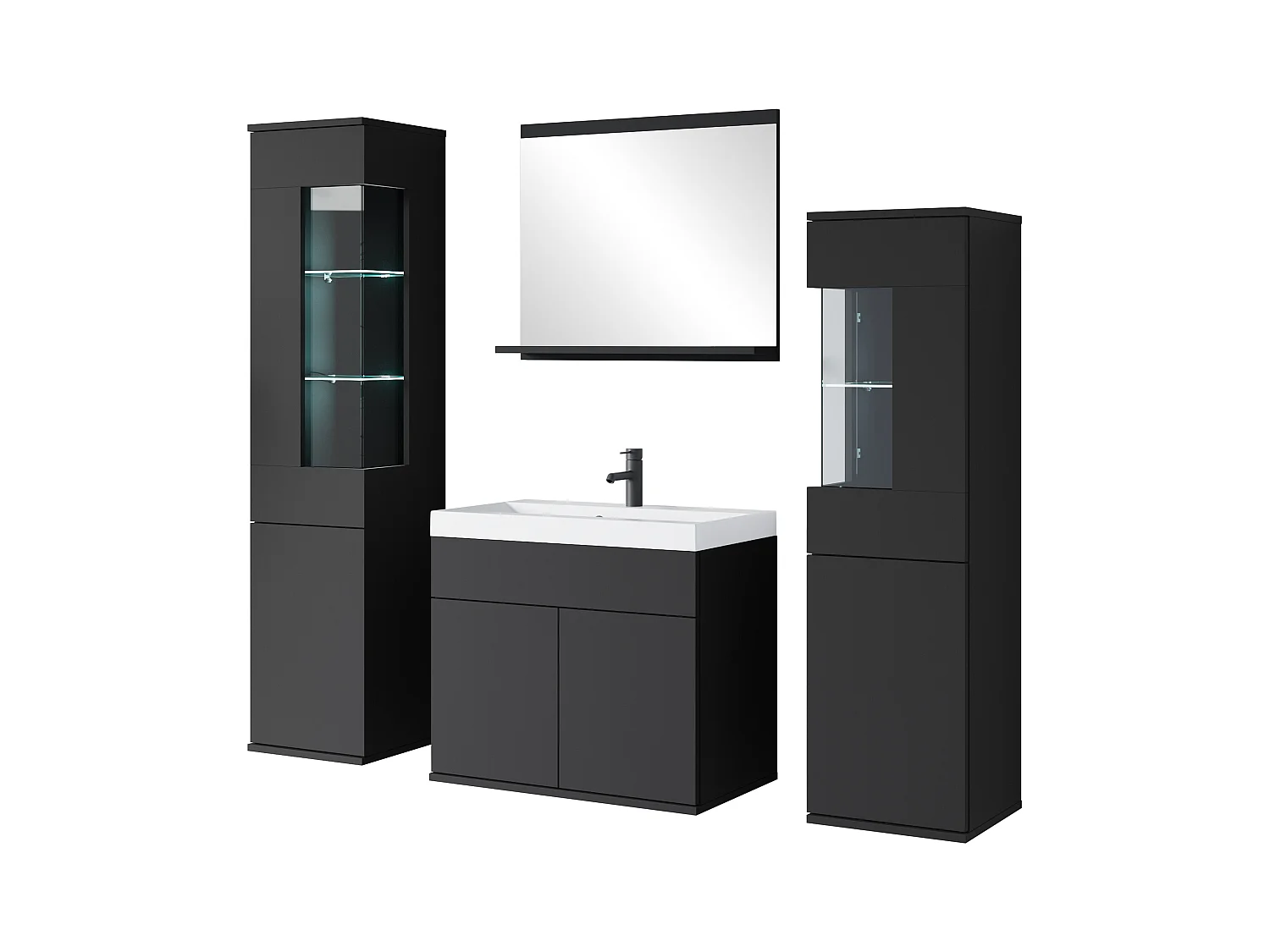 Ensemble suspendu avec lavabo, miroir et éléments en verre, noir mat