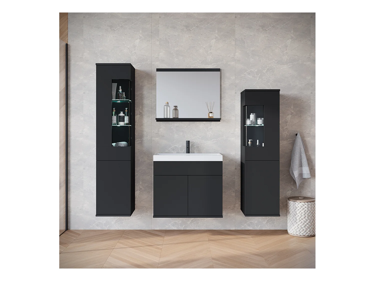 Ensemble suspendu avec lavabo, miroir et éléments en verre, noir mat
