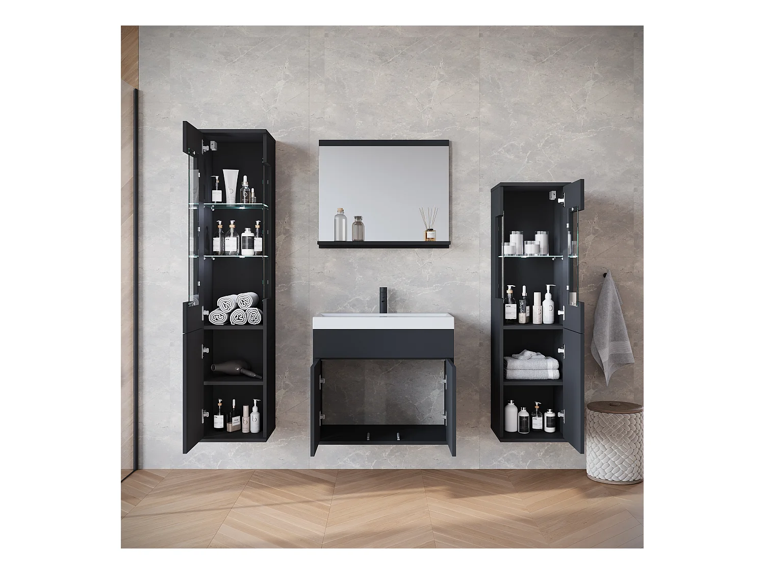 Ensemble suspendu avec lavabo, miroir et éléments en verre, noir mat