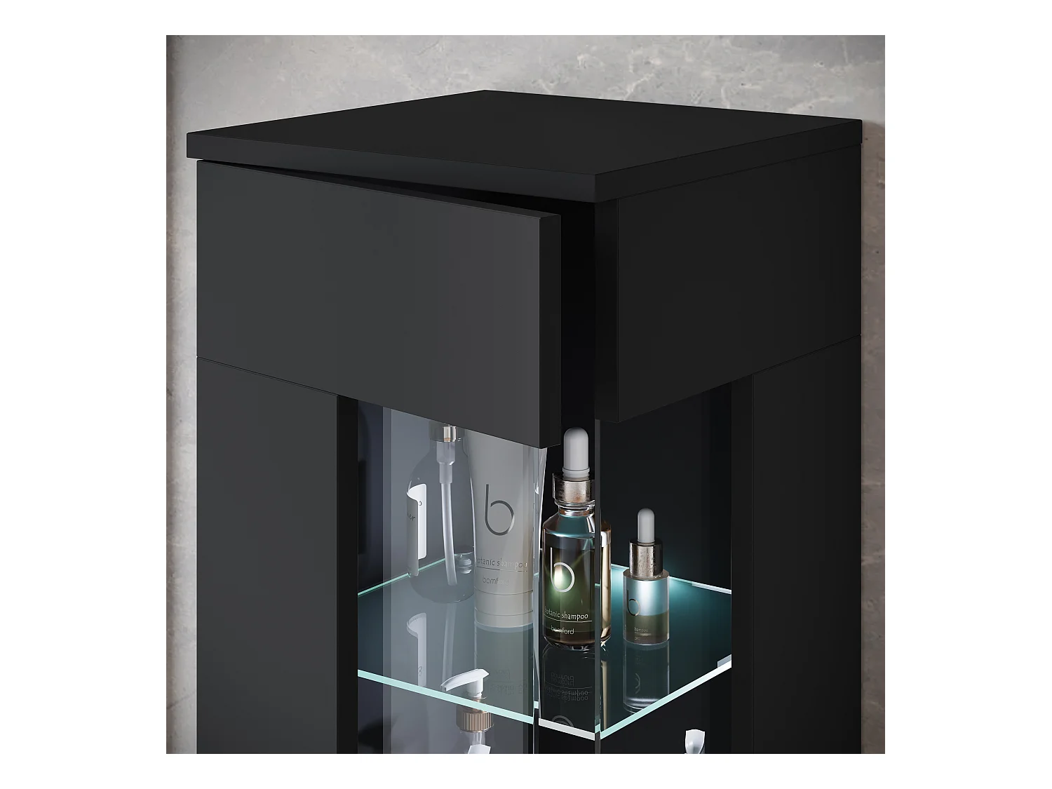 Ensemble suspendu avec lavabo, miroir et éléments en verre, noir mat