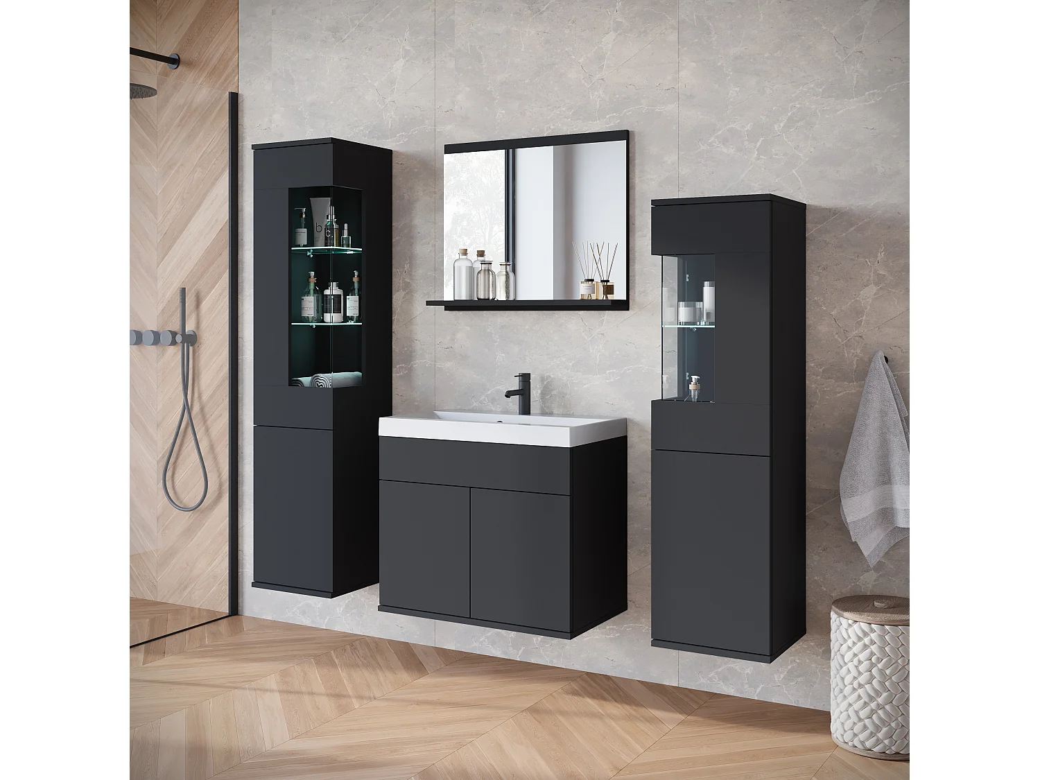 Ensemble suspendu avec lavabo, miroir et éléments en verre, noir mat