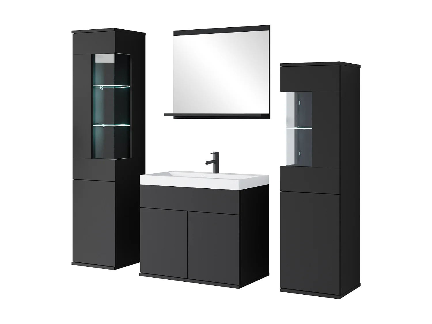 Ensemble suspendu avec lavabo, miroir et éléments en verre, noir mat