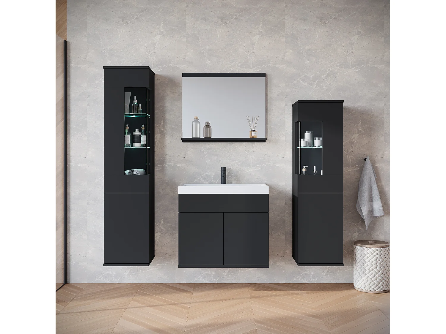 Ensemble suspendu avec lavabo, miroir et éléments en verre, noir mat