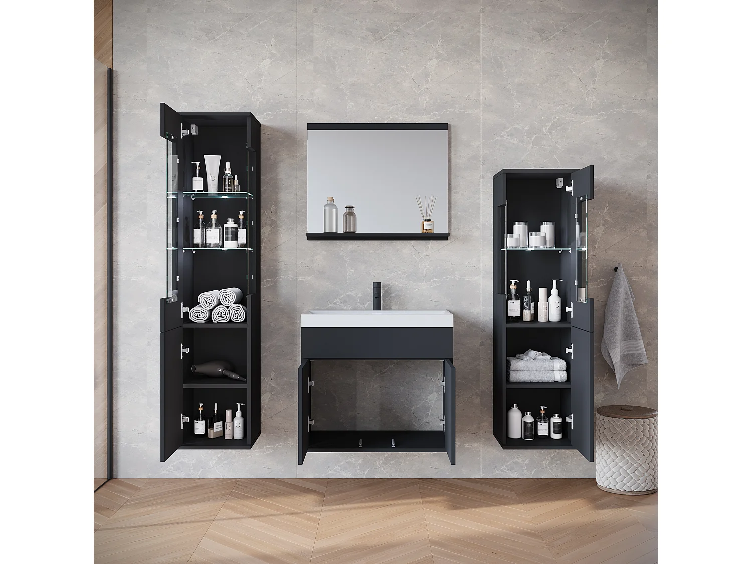 Ensemble suspendu avec lavabo, miroir et éléments en verre, noir mat