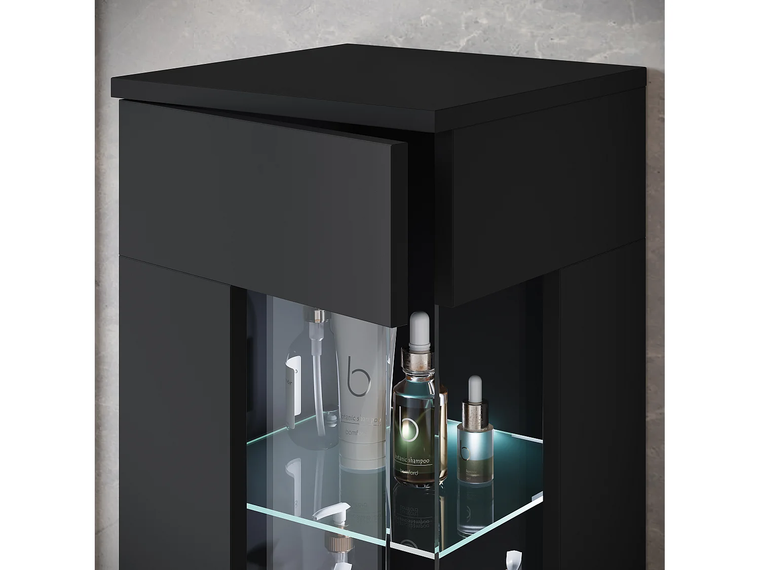 Ensemble suspendu avec lavabo, miroir et éléments en verre, noir mat