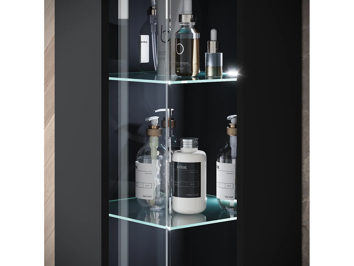 Ensemble suspendu avec lavabo, miroir et éléments en verre, noir mat