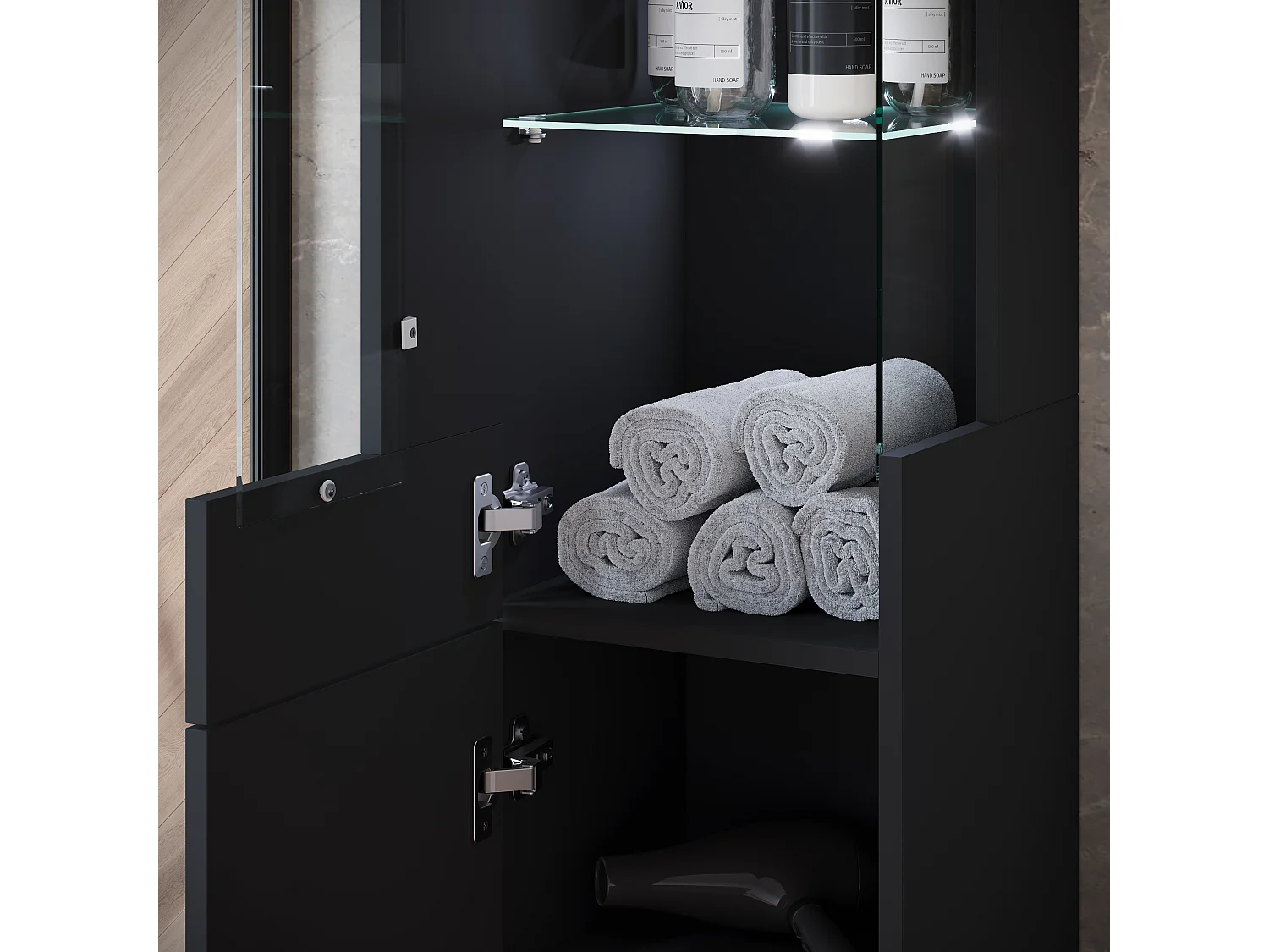 Ensemble suspendu avec lavabo, miroir et éléments en verre, noir mat