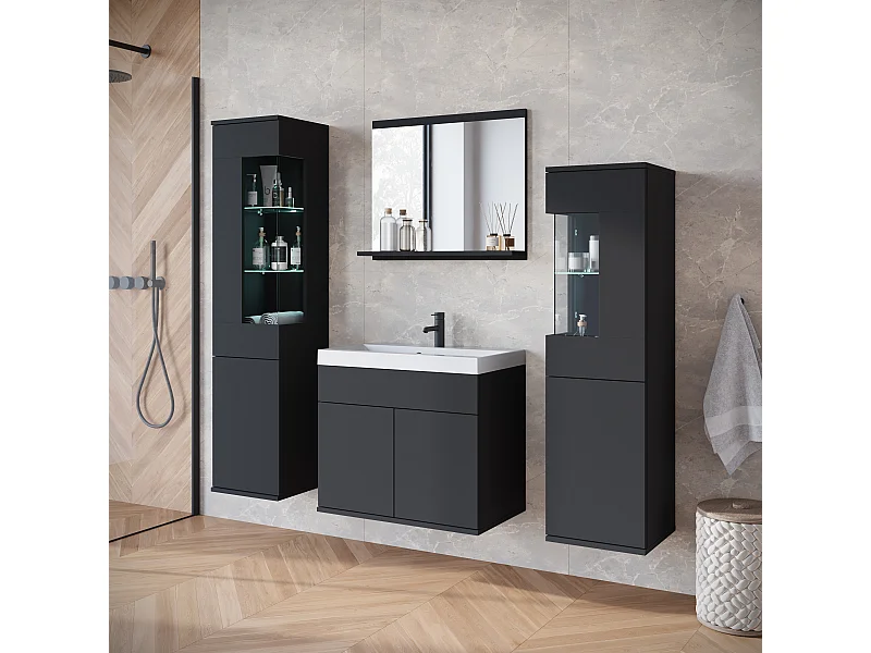 Ensemble suspendu avec lavabo, miroir et éléments en verre, noir mat