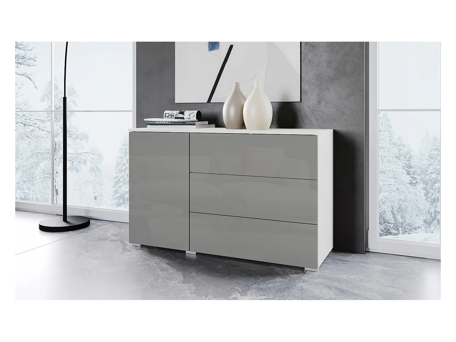 Commode moderne 110 cm pour salon – commode avec 3 tiroirs et 1 porte, corps blanc mat et façades gris brillant