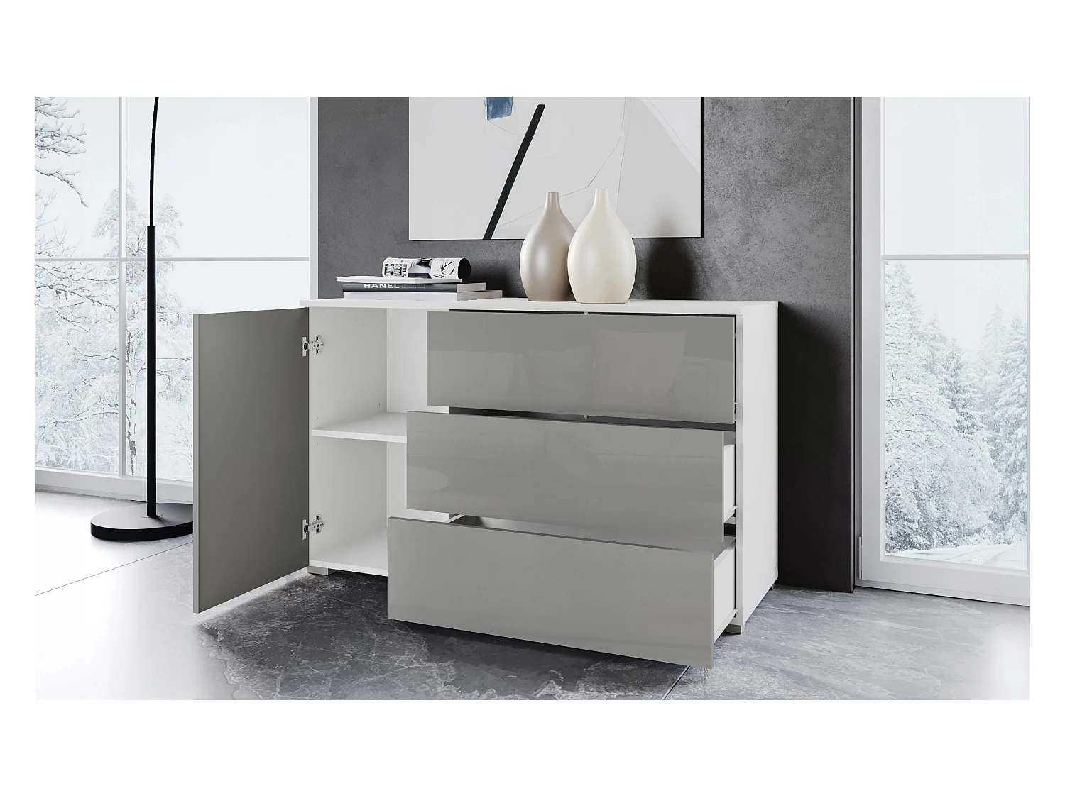 Commode moderne 110 cm pour salon – commode avec 3 tiroirs et 1 porte, corps blanc mat et façades gris brillant