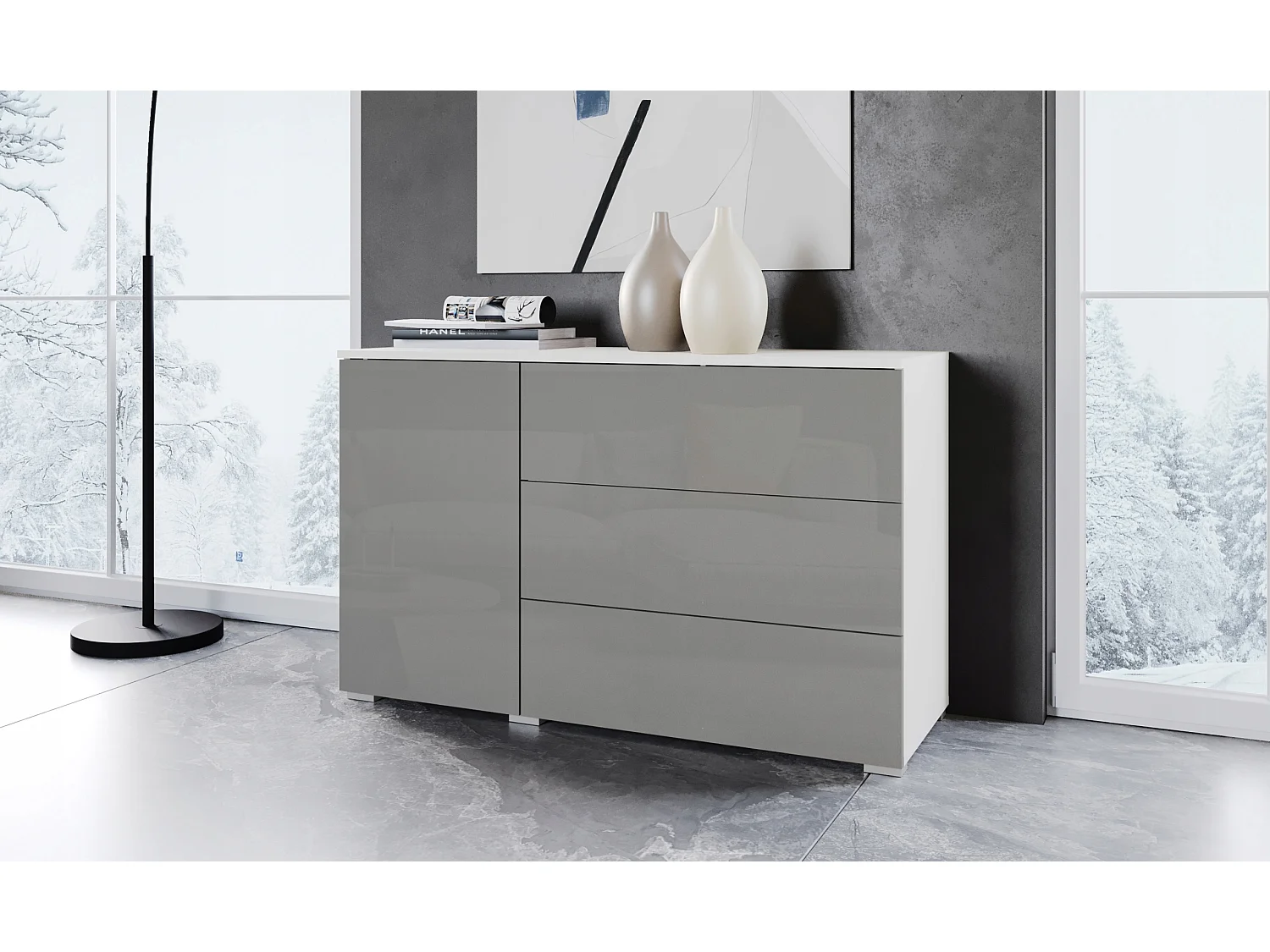Commode moderne 110 cm pour salon – commode avec 3 tiroirs et 1 porte, corps blanc mat et façades gris brillant