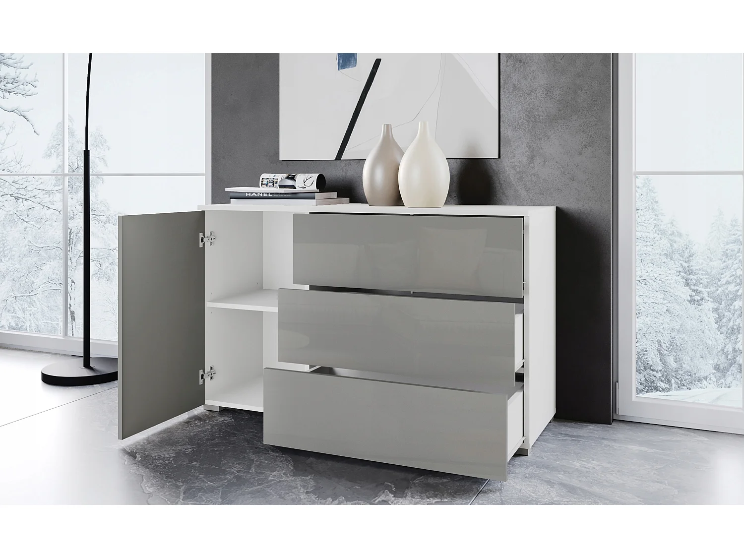 Commode moderne 110 cm pour salon – commode avec 3 tiroirs et 1 porte, corps blanc mat et façades gris brillant