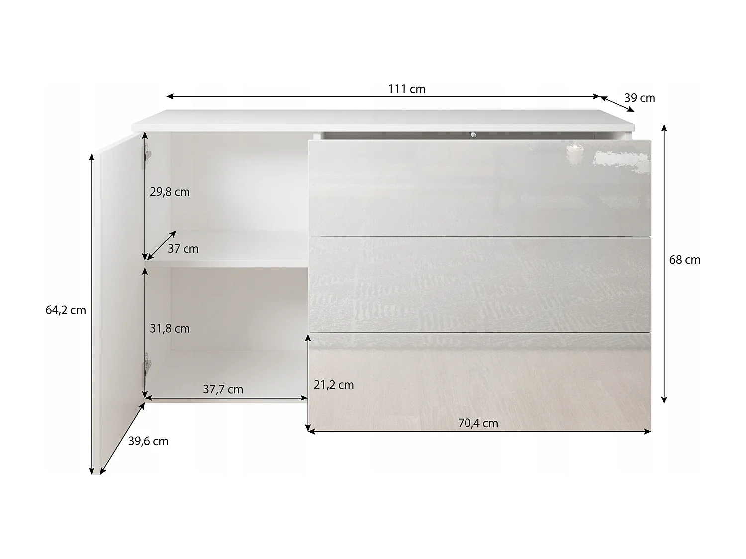 Commode moderne 110 cm pour salon – commode avec 3 tiroirs et 1 porte, corps blanc mat et façades gris brillant