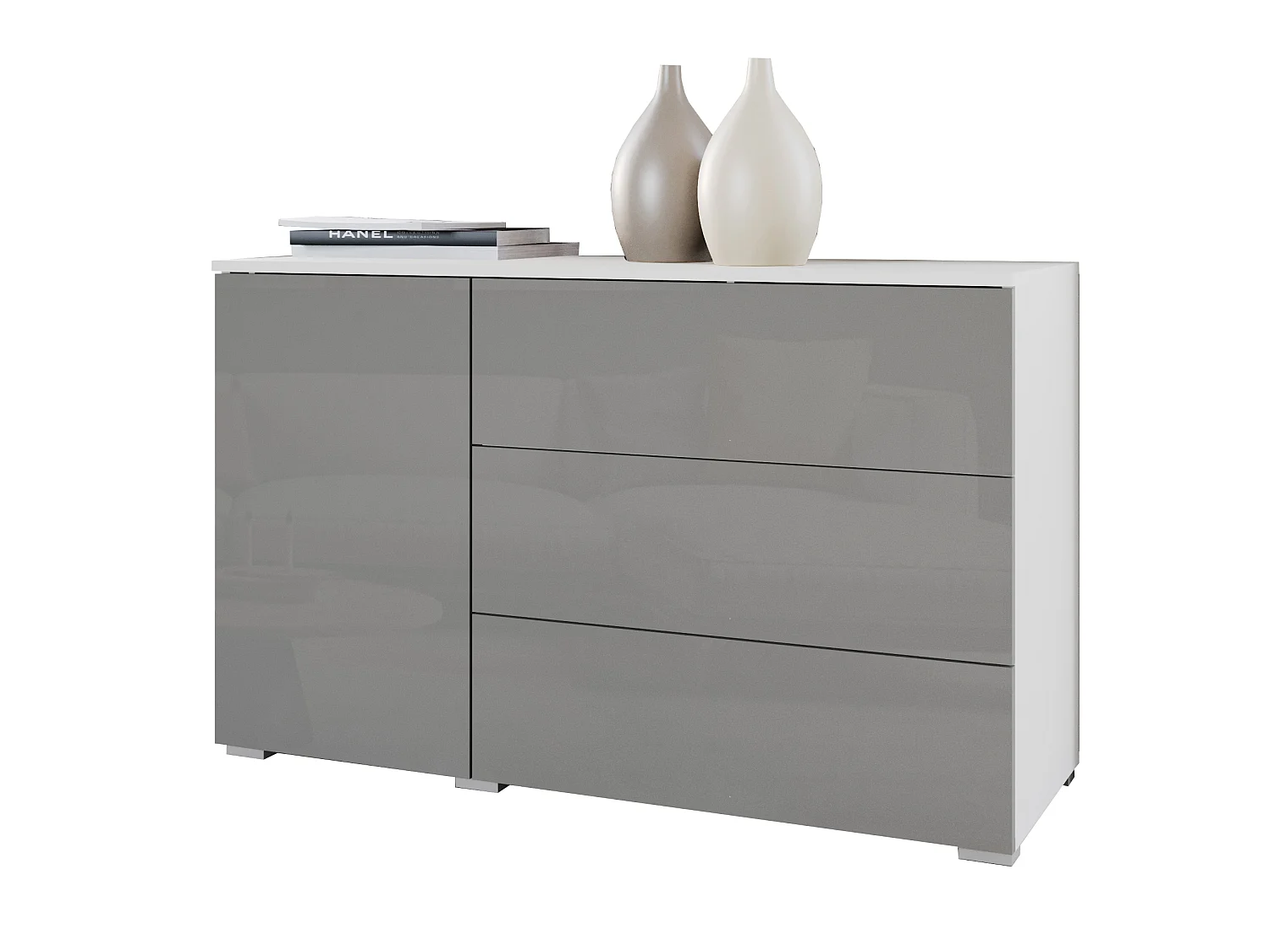 Modernes 110cm Buffet mit 3 Schubladen und 1 Tür, Weißer Korpus und Glänzende Graue Fronten