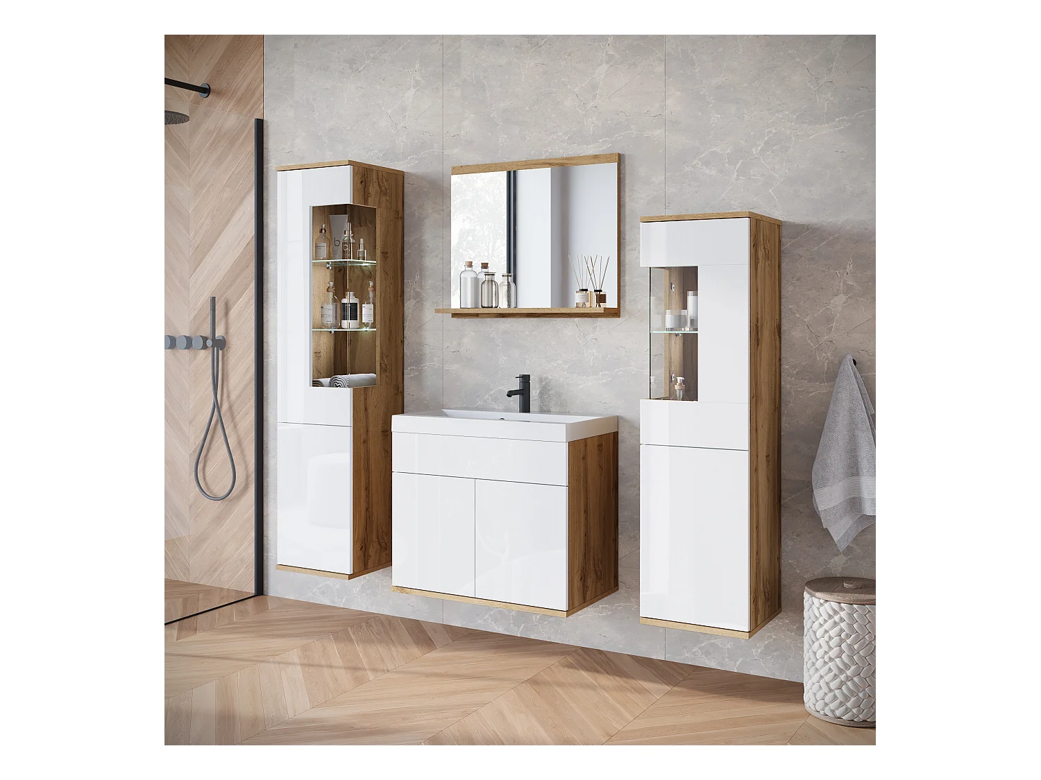 Ensemble suspendu avec lavabo, miroir et éléments en verre, corps chêne wotan, façades blanc brillant