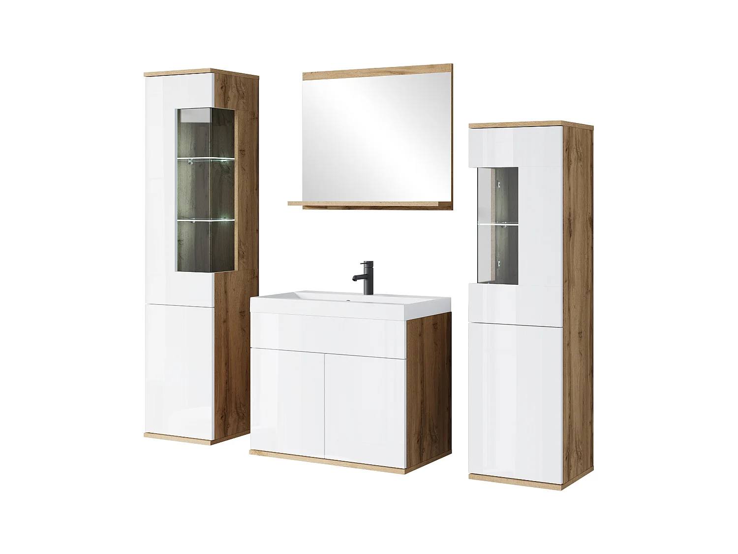 Ensemble suspendu avec lavabo, miroir et éléments en verre, corps chêne wotan, façades blanc brillant