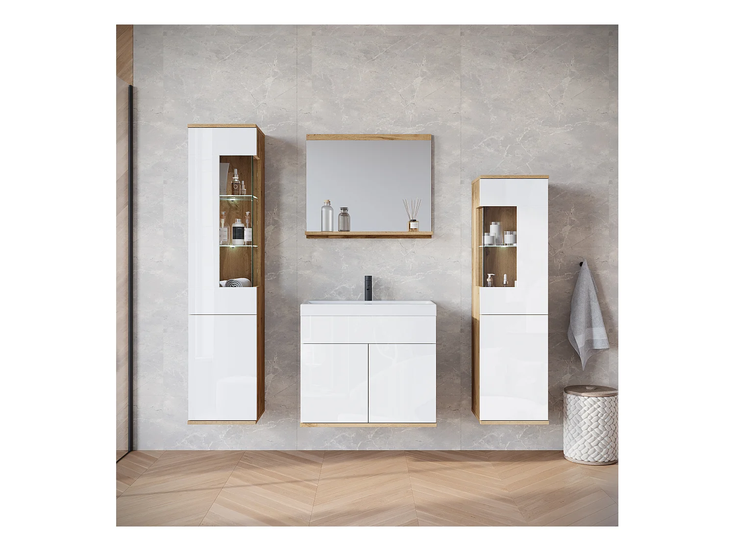 Ensemble suspendu avec lavabo, miroir et éléments en verre, corps chêne wotan, façades blanc brillant